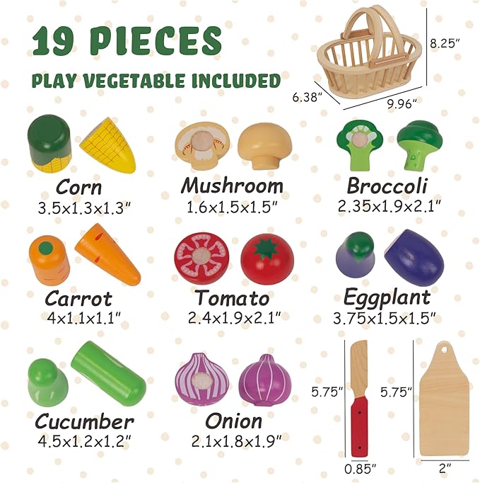 Wooden Cutting Fruits Vegetables Set for Kids, Pretend Play Food Toy Set with Wooden Knife, Tray and Basket for Boys Girls (Vegetable Basket)