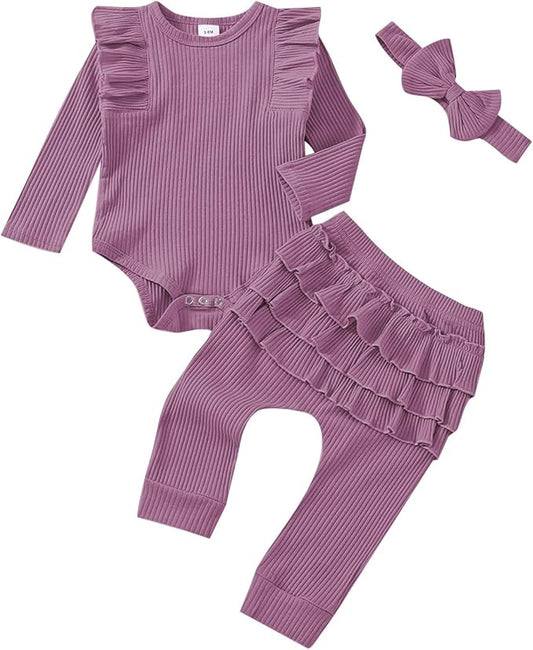Baby Girl Clothes Newborn Infant Fall Winter Outifts Ribbed Ruffle Long Sleeve Romper Pant Outfit Set 3pcs 0-18Months