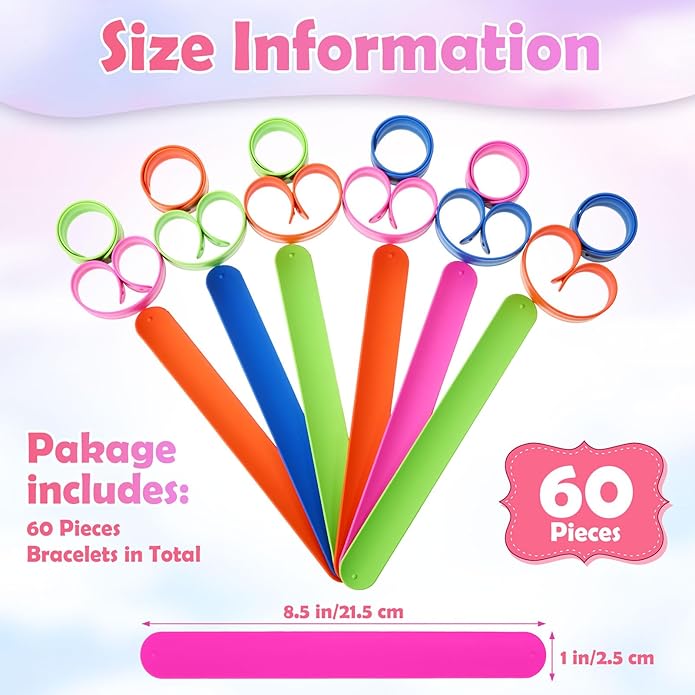 60 Pcs Silicone Slap Bracelets Bulk for Party Favors Rainbow Colored Snap Bracelets Wristbands for Adults Wedding Birthday School Classroom Holiday Party Supplies