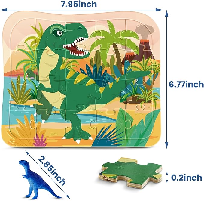 Wooden Dinosaur Puzzles for Kids Ages 4-6, 4 in 1 Gift Box 4-Pack 20-Piece Jigsaw Puzzles Come with 4 Small Dino Figures,Preschool Educational Toys Gifts for Kids Boys Girls Ages 3+