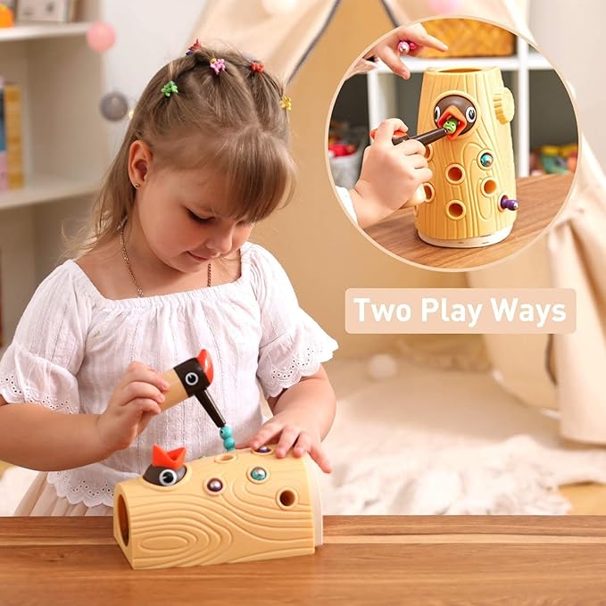 TOP BRIGHT Montessori Toys for 2 Year Old Girl and Boy, Fine Motor Skills Toddler Toys Age 2-4, Woodpecker Worm Toy Magnetic Bird Feeding Game