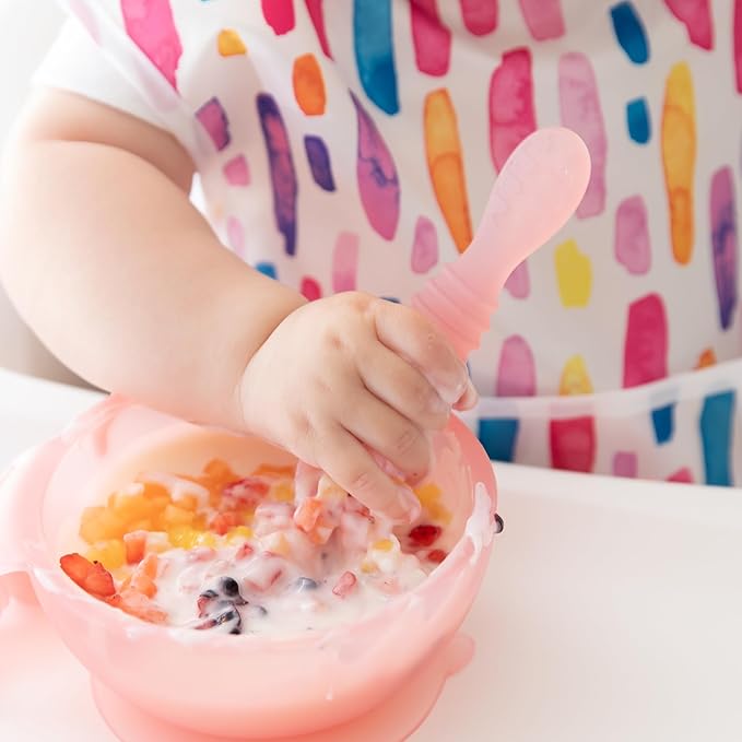 Bumkins Baby Bowl, Silicone Feeding Set with Suction for Baby and Toddler, Includes Spoon and Lid, First Feeding Set, Training Essentials for Baby Led Weaning for Babies 4 Months Up, Pink Jelly