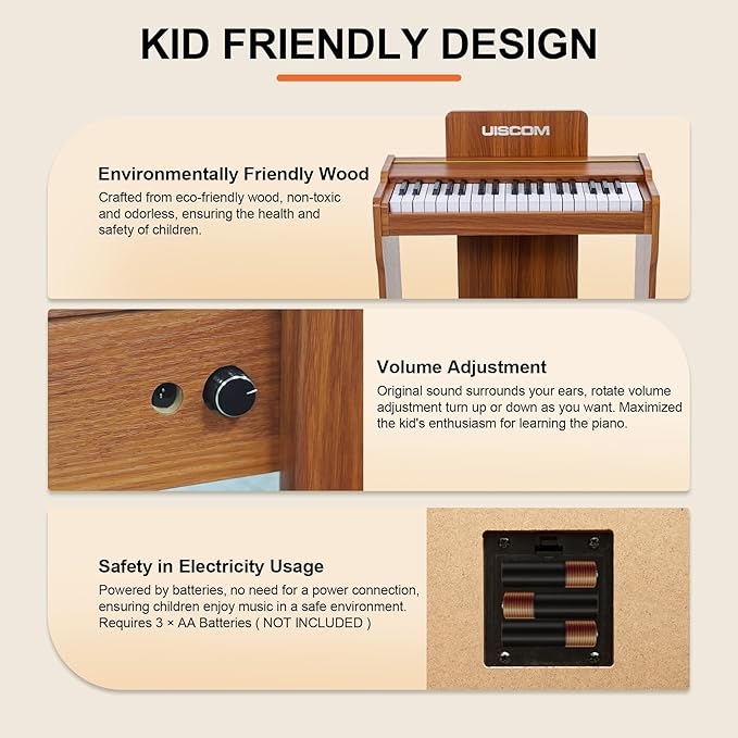 Kids Piano Keyboard, 37 Keys Digital Piano, Toddler Piano for Kids, Mini Baby Piano Toy, Kids Musical Instruments Sets, Wood Piano keyboard for kids Ages 3+,Brown