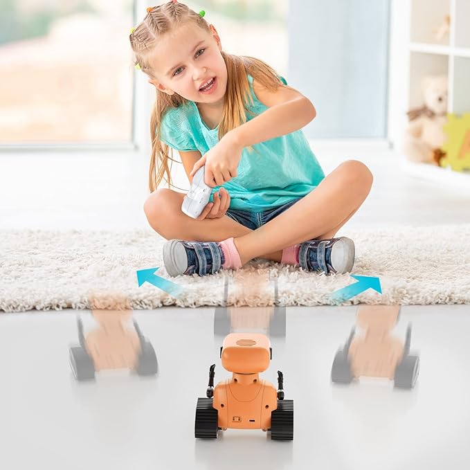 ALLCELE Robot Toys, Rechargeable RC Robots for Kids Boys, Remote Control Toy with Music and LED Eyes, Gift for Children Age 3 Years and Up - Orange