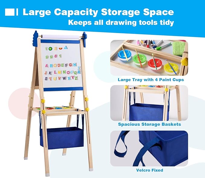 2-in-1 Double Sided Kid's Easel, Height-Adjustable Art Easel for Boys and Girls Ages 3-10, Including 100+ Accessories with Magnetic Chalkboard & Painting Board, Toddler Gifts
