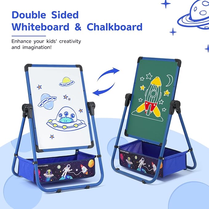 Kids Art Easel with 29.5inch-44inch Height Adjustable Whiteboard&Chalkboard Double Sided Easel 360°Rotating Standing Art Easel for Kids Blue