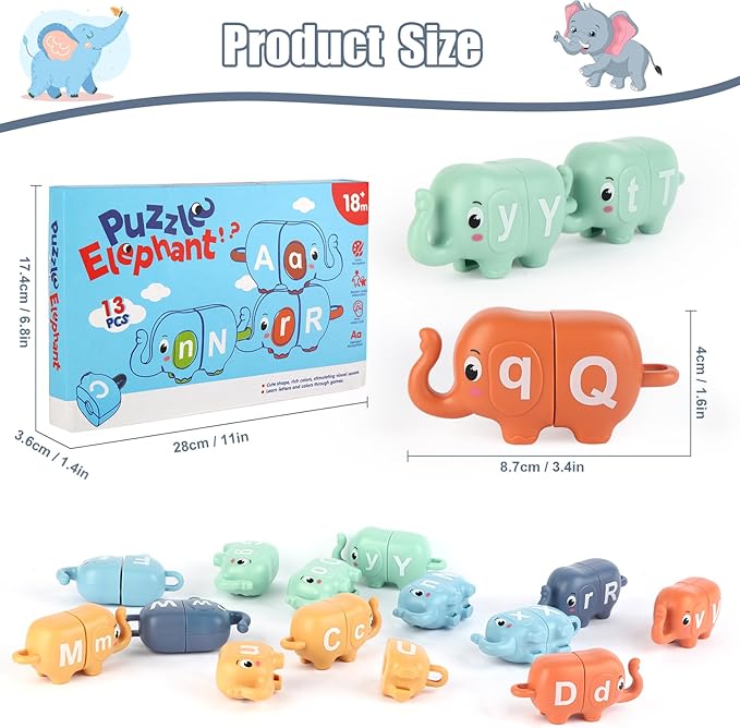 13PCS Elephant Alphabet Learning Toys for Toddlers 2-4, Toddler Preschool Learning Activities, Educational Montessori Toys for 2 Year Old, Double Sided Matching Game A-Z