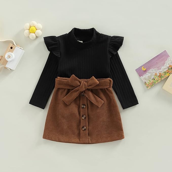 Fernvia Toddler Baby Girl Fall Winter Skirt Set Turtleneck Ribbed Long Sleeve T-Shirt Top & Plaid Skirts Dress 2Pcs Outfits