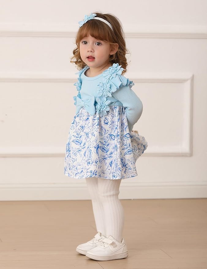 Baby Girl Dress Fall Flower Ruffle with Lace Headband Toddler Girls 3M-3T Infant Dresses Winter Baby Girl Clothes