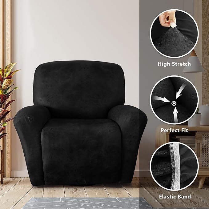 molasofa Recliner Chair Covers - 4 Pieces Leather Like Large Recliner Covers with Pocket Soft Non Slip Stretch Recliner Slipcover for Lazy Boy Recliner Chair Washable Furniture Protector (Black)