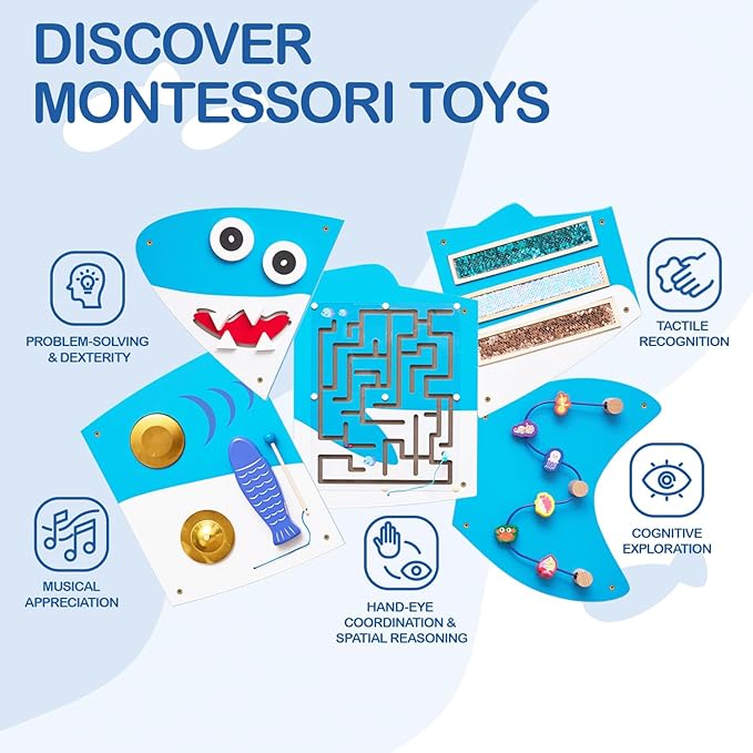 Monläurd® Shark Montessori Busy Sensory Educational Activity Cube, Wall Furniture, Interactive Wooden Learning Toys for Boys and Girls 6M+