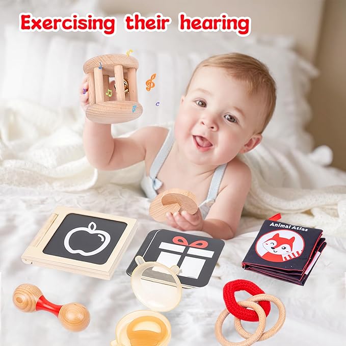 Adena Montessori Play Kit for 3-4 Months Baby,8 in 1 Wooden Learning Educational Toys for Toddler,Include Framed Mirror Book,High-Contrast Cards and More,Christmas Birthday Gift for Boys Girls