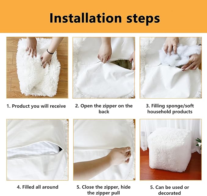 Asuprui Square Pouf Ottoman Unstuffed White 18x18x15 Inches Fuzzy Storage Bean Bag Unstuffed Pouf Ottoman Foot Rest NO Filler Ottoman Pouf for Living Room Bedroom Cover ONLY