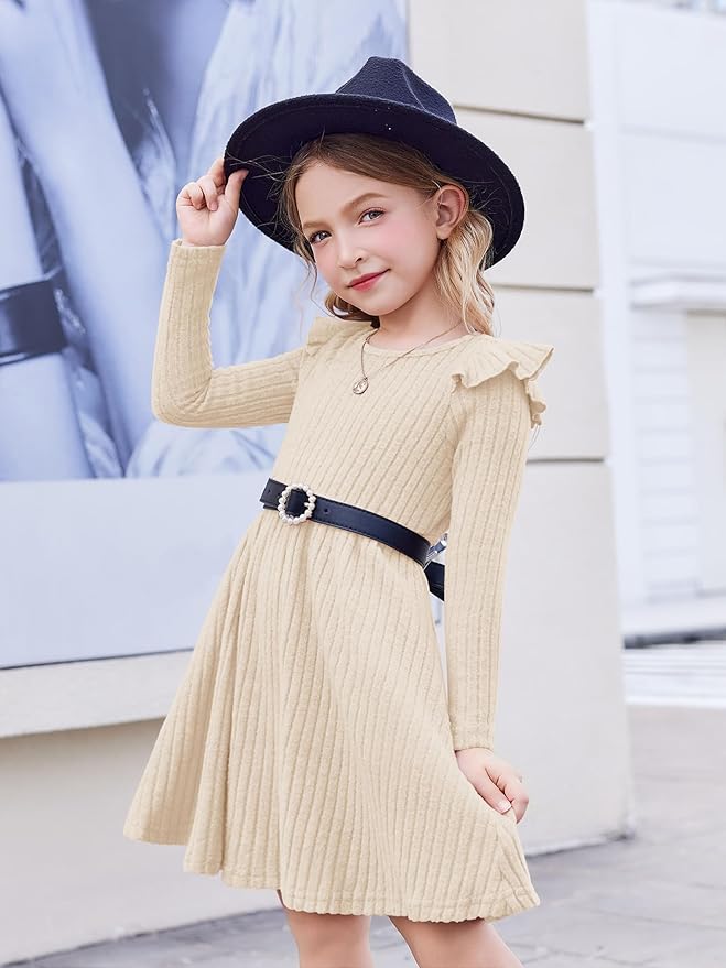 Arshiner Toddler Girl Dress Baby Girls Knitted Ruffle Sleeve Pocket Dresses A-Line Flared Fall Winter Clothes for 2-8 Years