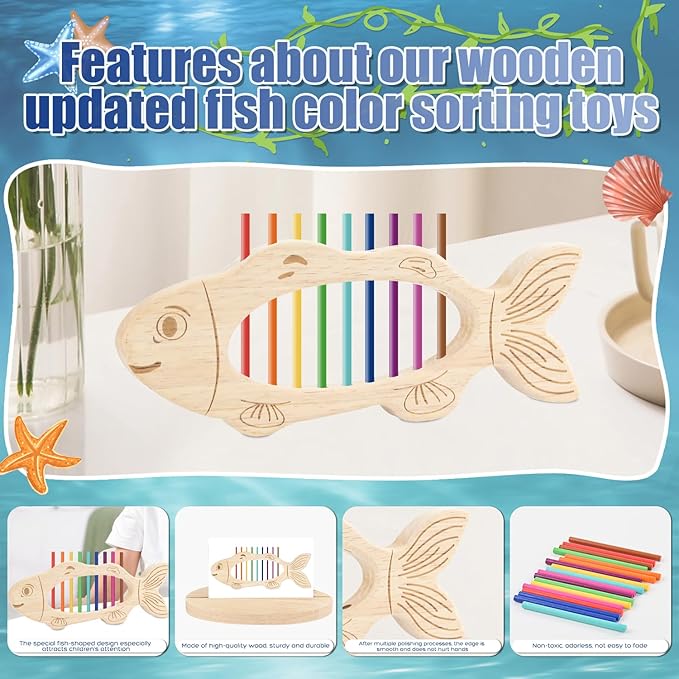 Color Sorting Toys for 3+ Years Old Kids Wooden Fish Shape Montessori Toys Stacking Matching Game Fine Motor Skills for 3 4 5 Toddlers Boys Girls Gift Educational Travel Learning Sensory Color Sorters