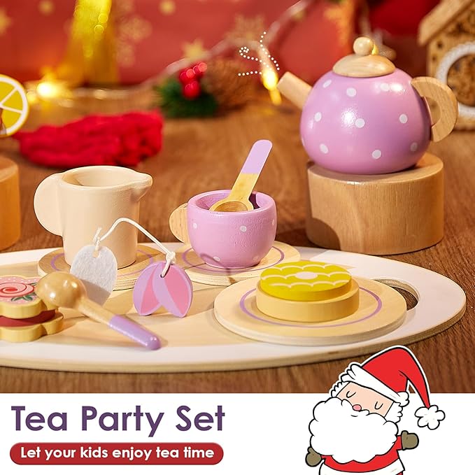 BUYGER Wooden Tea Party Set for Little Girls with Play Food Kitchen Accessories Toy Pretend Play Princess Tea Party Time for Girls Boys Children Toddlers 3 4 5 6 7+ Years Old
