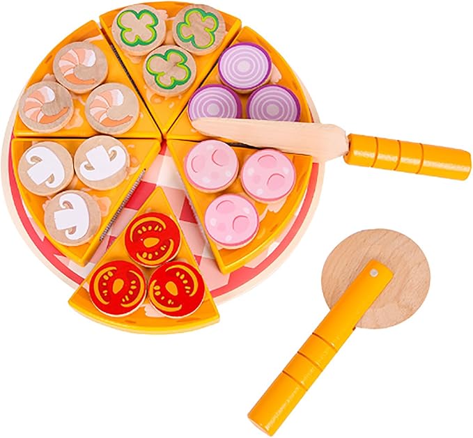Wooden Pizza Toy for Kids, Toddler Play Food Pizza Cutting Set, Pretend Play Food with Toppings Cutter and Spatula Kitchen Accessories Montessori Toys Gifts for Boys Girls Ages 3 4 5 6 Years Old