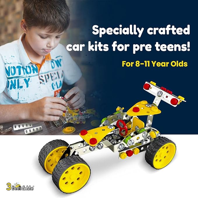 3 Bees & Me STEM Car Building Erector Toy Kit | Educational Metal Project for Boys and Girls Aged 8-11 Years Old (Ages 6-7 with Help) Beginner Gift Set for STEM Learning and Junior Engineers