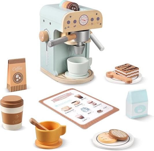 Kids Wooden Coffee Maker Toy, Wooden Play Kitchen Appliances & Accessories Toy for Kids Toddlers, Gift for Girls Boys