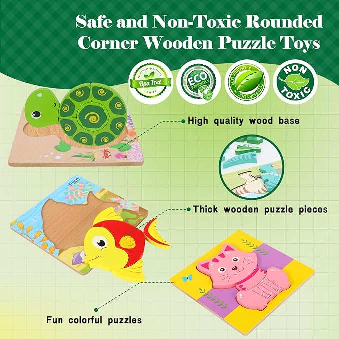 3 Pack Wooden Puzzles for Toddlers,Montessori Toys Puzzle for Kid 3 Year Old,Preschool Educational Learning Colorful Toys Gifts