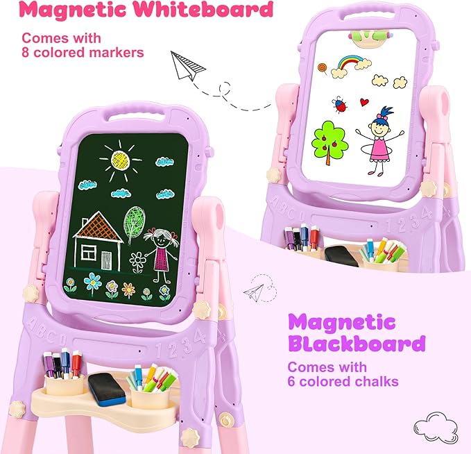 Kids Easels for Toddlers 2-4 Double Sided Kids Art Easel with Magnetic White Board & Chalk Board Adjustable Stand Drawing Painting Easel Learning Toys Age 2 3 4 Year Old Girl Birthday