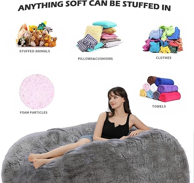 Giant Bean Bag Chair for Adults and Kids Without Filler Cozy Oversized Round Beanbag Chair Cover for Bedroom Stuffing Animal Toys, 7FT, Rose Red