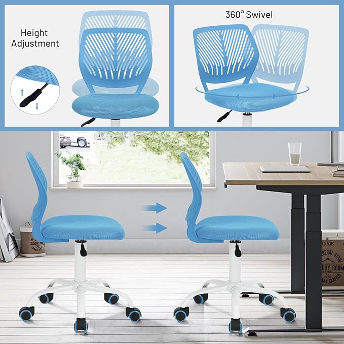 FurnitureR Desk Chair Armless Small, Mesh Comfy Home Office Chair with Plastic Low-Back, Adjustable Swivel Study Chair Computer Task Chair for Student Children Kids with Wheels, Blue