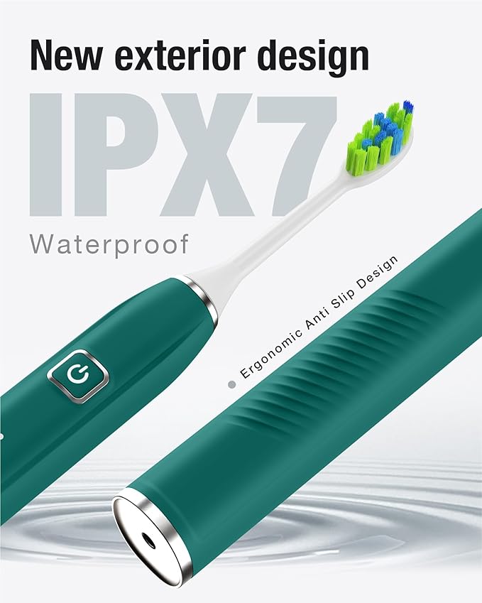 7AM2M Sonic Electric Toothbrush with 6 Brush Heads for Adults&Kids, One Charge for 120 Days, Wireless Fast Charge, 5 Modes, 40000VPM Powered Toothbrush, 2 Minutes Built in Smart Timer (Peacock Green)