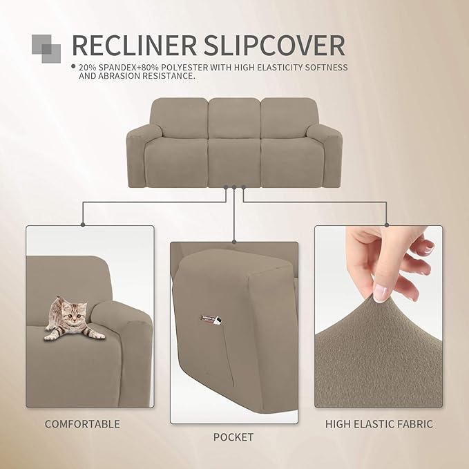 Easy-Going 8 Pieces Microfiber Stretch Sectional Recliner Sofa Slipcover Soft Fitted Fleece 3 Seats Couch Cover Washable Furniture Protector with Elasticity for Kids Pet(Recliner Sofa, Natural)