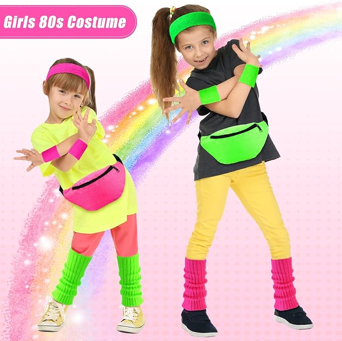 Giegxin 2 Set 80s Leg Warmers Set for Girls Kids Neon Ribbed Knit Leg Warmers Fitness Headband Wristbands for Cosplay Party
