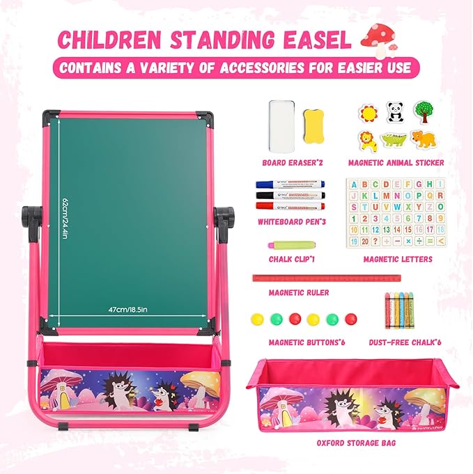 29.5inch-44inch Height Adjustable Whiteboard&Chalkboard Double Sided Easel 360°Rotating Standing Art Easel for Kids Suitable for Children Over 3 Years Old