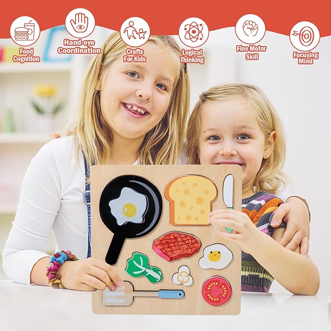 Adena Montessori Wooden Puzzles Play Fake Food for Kids Cookware Fried Egg Vegetables Set Kitchen Toys