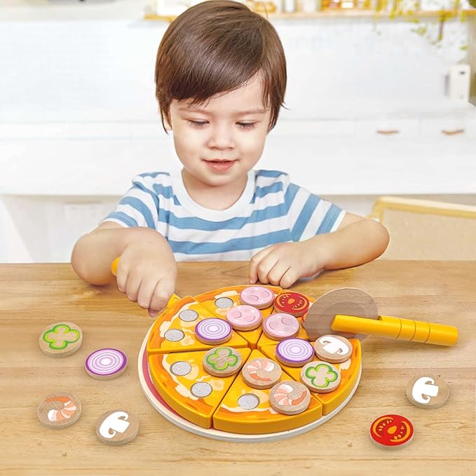 Wooden Pizza Toy for Kids, Toddler Play Food Pizza Cutting Set, Pretend Play Food with Toppings Cutter and Spatula Kitchen Accessories Montessori Toys Gifts for Boys Girls Ages 3 4 5 6 Years Old