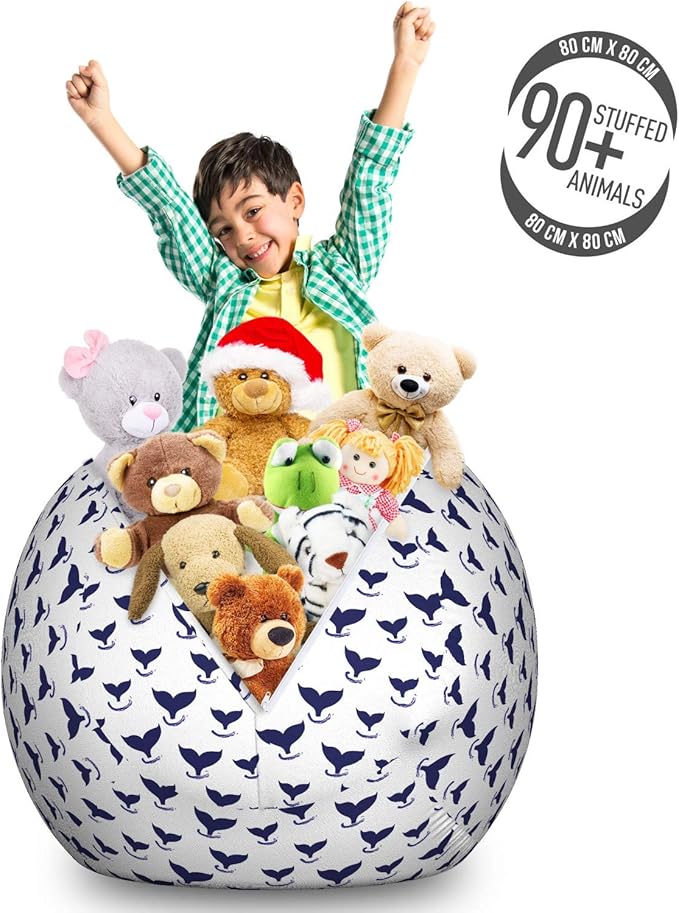 Ambesonne Whales Storage Toy Bag Chair, Repeating Monochrome Pattern of Fish Tails Underwater Grunge Drawn Brushstrokes, Stuffed Animal Organizer Washable Bag, Large Size, White Indigo