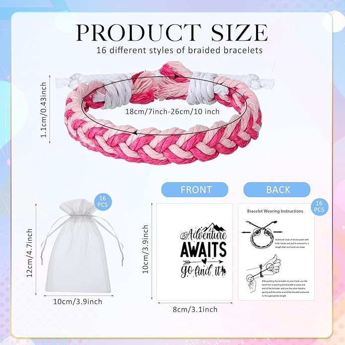 16 Set Friendship Bracelet Party Favors Braided Friendship Bracelets with Cards Adjustable Woven Friendship Bracelets Handmade Braided Bracelet for Teens Adults Camping Party Favors