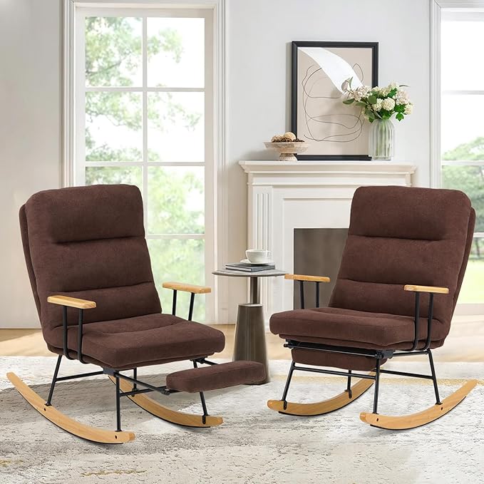 Rocking Chair with Footrest-Glider Rocker Chair with Retractable Footrest and Adjustable Backrest, Teddy Upholstered Rocking Chair Set of 2, Accent Chair for Living Room/Nursery/Bedroom/Outdoor-Brown