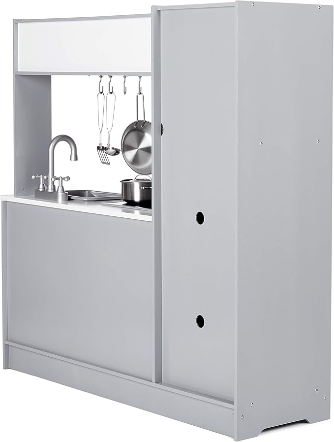 Amazon Basics Kids Upright Wooden Kitchen Toy Playset with Stove, Oven, Sink, Fridge and Accessories, for Toddlers, Preschoolers, Children Age 3+ Years, White & Gray, 39"L x 11.8"W x 39'H'