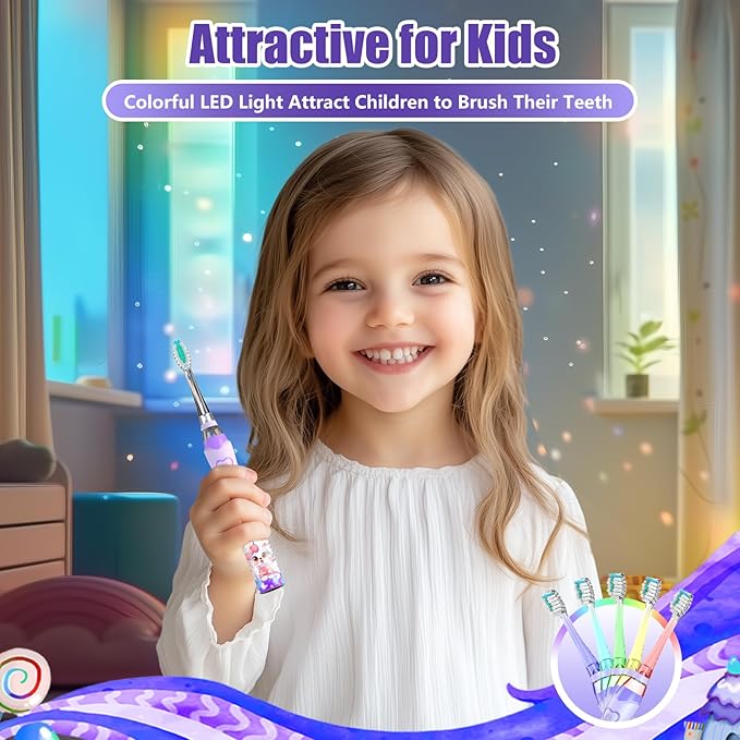 Kids Electric Toothbrush Toddler Toothbrush Age 2-4-8-12 Girls Electric Toothbrush with Timer Rainbow LED Light Up Vibrating Toothbrush Battery Operated Childrens Sonic Tooth Brush (Rabbit Purple)