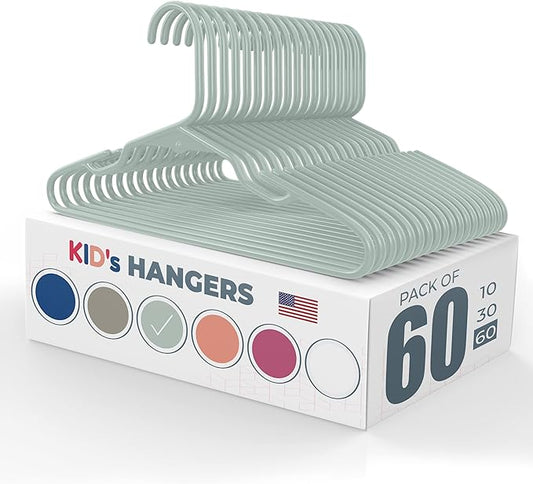 60pk Made in USA Baby Hangers | Kids Hangers for Children's Clothes, Toddler Outfits and Clothing | 20 50 100 Pack Available | Kid Plastic Hanger for Closet and Nursery | Child Kid Hangars (Mint)