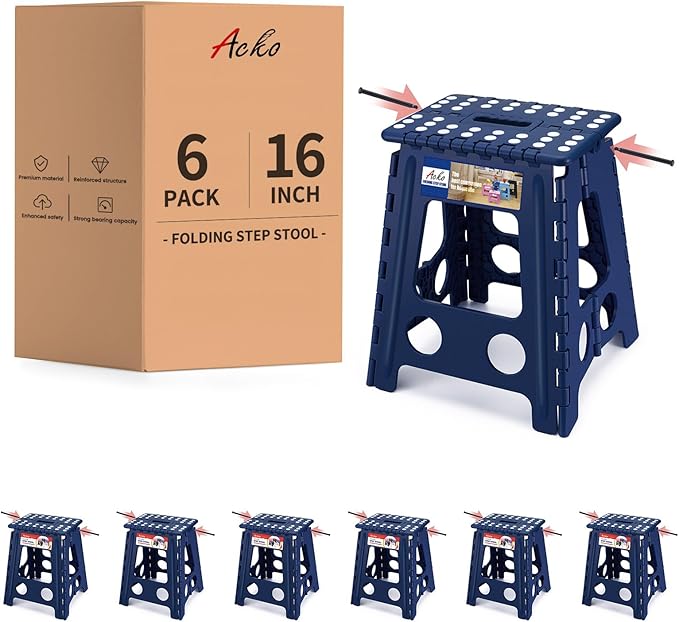 ACKO Folding Step Stool Foldable 16 Inch Stool 400 lbs Capacity,Plastic Stools for Adults and Kids,Collapsible Stool for Kitchen, Stepping Stool with Handle(Royal Blue), 6Pack