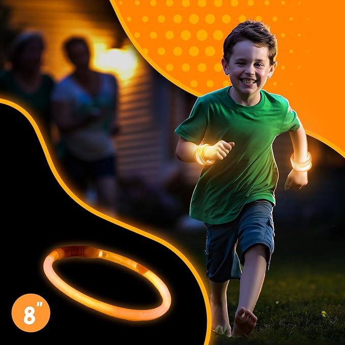 8" Glow Stick Bracelets - Bulk 50 Pack for Mardi Gras, St. Patrick's Day, and Nighttime Celebrations - Orange