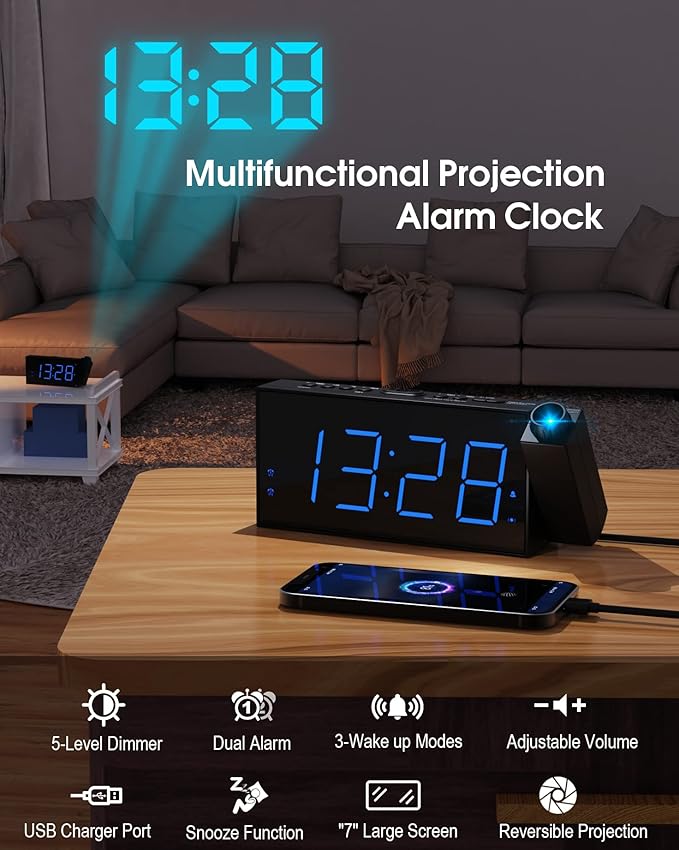 Projection Alarm Clock for Bedrooms,7'' Digital Clock with 180° Projector, 5-Level Brightness Dimmer, USB Charger,Snooze,12/24H& Battery Backup,Suitable for Deaf and Hard of Hearing,Kids,and Elders