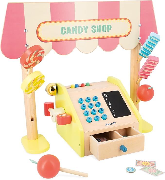 Janod - Applepop Children's Merchant - Imitation Game with Cash Register - 19 Accessories - Develops Imagination - FSC Wooden Toy - Water Painting - Suitable for Ages 3 and Above