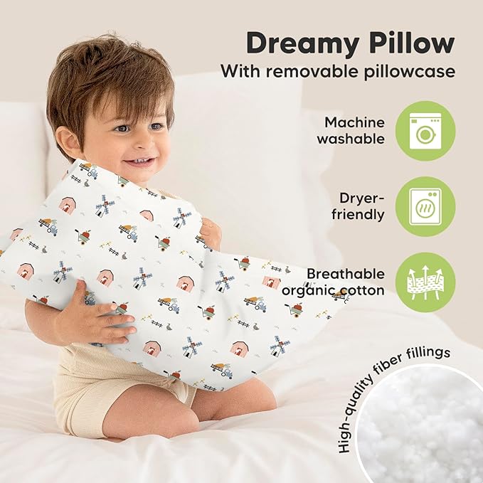 Toddler Pillow with Pillowcase - 13x18 My Little Dreamy Pillow, Organic Cotton Toddler Pillows for Sleeping, Kids Pillow, Travel Pillows, Mini Pillow, Nursery Pillow, Toddler Bed Pillow (Barn)