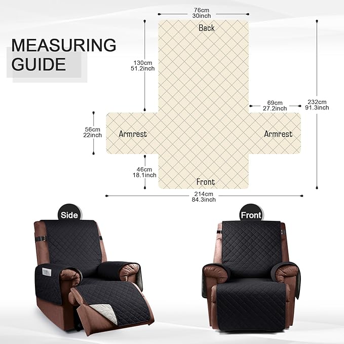 KinCam 100% Waterproof Recliner Chair Cover, Reclining Couch Covers for Pets, Dogs, Recliner Couch Slipcover Furniture Protector with Elastic Straps for Kids(30", Black)