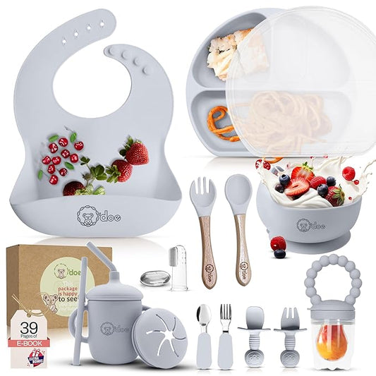 O'doe 17-Piece BPA-Free Silicone Baby Feeding Set | Thick & Soft Suction Plates, Baby Bowls, Wooden Fork & Spoon, and More | Make Mealtime Fun and Easy for Your Little One (Grey, V2)