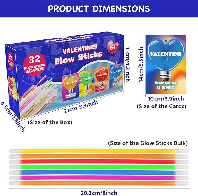 32 Pack Valentines Day Gifts For Kids,Valentines Glow Sticks Bracelets with Valentines Cards Valentines Day Gifts for Kids School Classroom Exchange Valentine's Day Party Favors Supplies