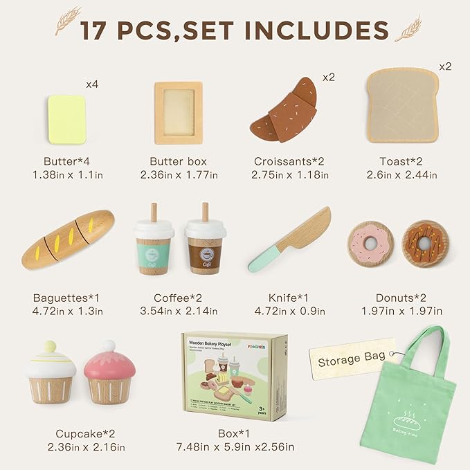 17 PCS Wooden Bakery Toy Food Playset for Kids, Pretend Picnic Play Food for Toddlers 3+, Play Kitchen Accessories with Shopping Bag, Cutting Food Toys, Gift for Girls Boys and Girls