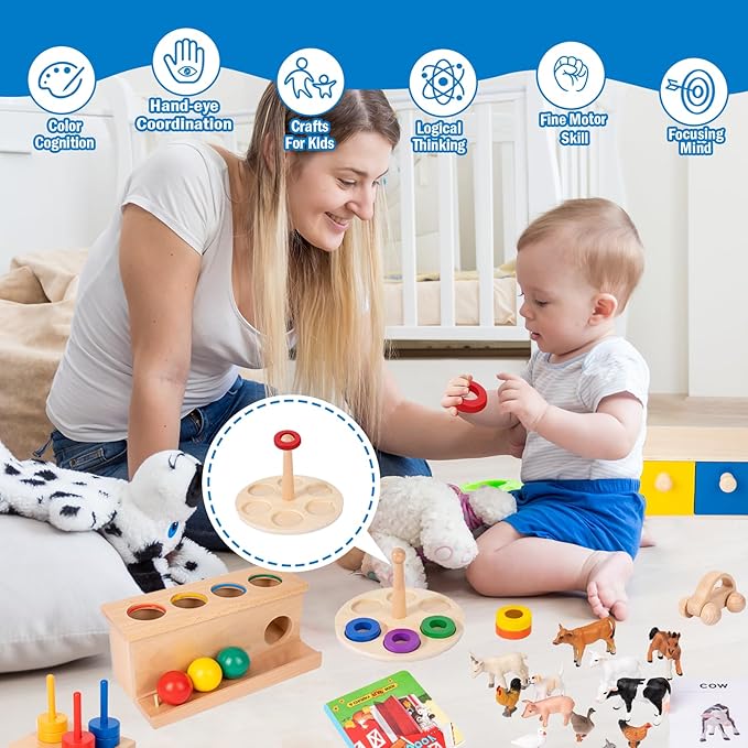 Adena Montessori Play Kit for 13-15 Month Baby,10 in 1 Wooden Learning Educational Toys for Toddler,Include Color Pegs&Rings,Object Permanence Ball Push and More,Christmas Birthday Gift for Boys Girl