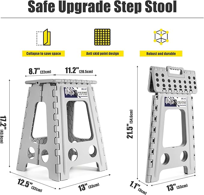 Delxo Folding Step Stool 17.5 Inch,Heavy Duty Step Stools for Adults,Non Slip Folding Stool with Handle,Premium Portable Foldable Step Stool for Kitchen Bathroom Bedroom Up to 400LBS,(Grey,1PC)
